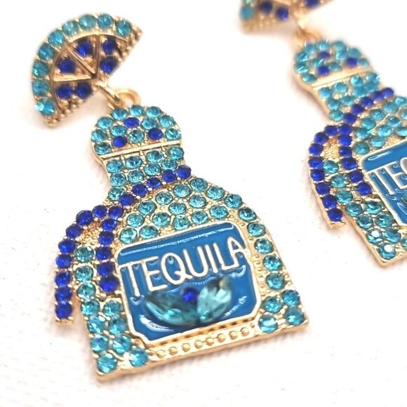 New TEQULIA BOTTLE TURQUOISE & COLBOLT BLUE rhinestone earrings - Picture 8 of 12